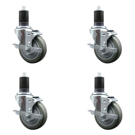 Service Caster 4'' SS Gray Poly Swivel 1-5/8'' Expanding Stem Caster Set with Brake, 4PK SCC-SSEX20S414-PPUB-TLB-158-4